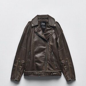 Zara Faux Dark Vintage Brown Leather Biker Jacket for Women